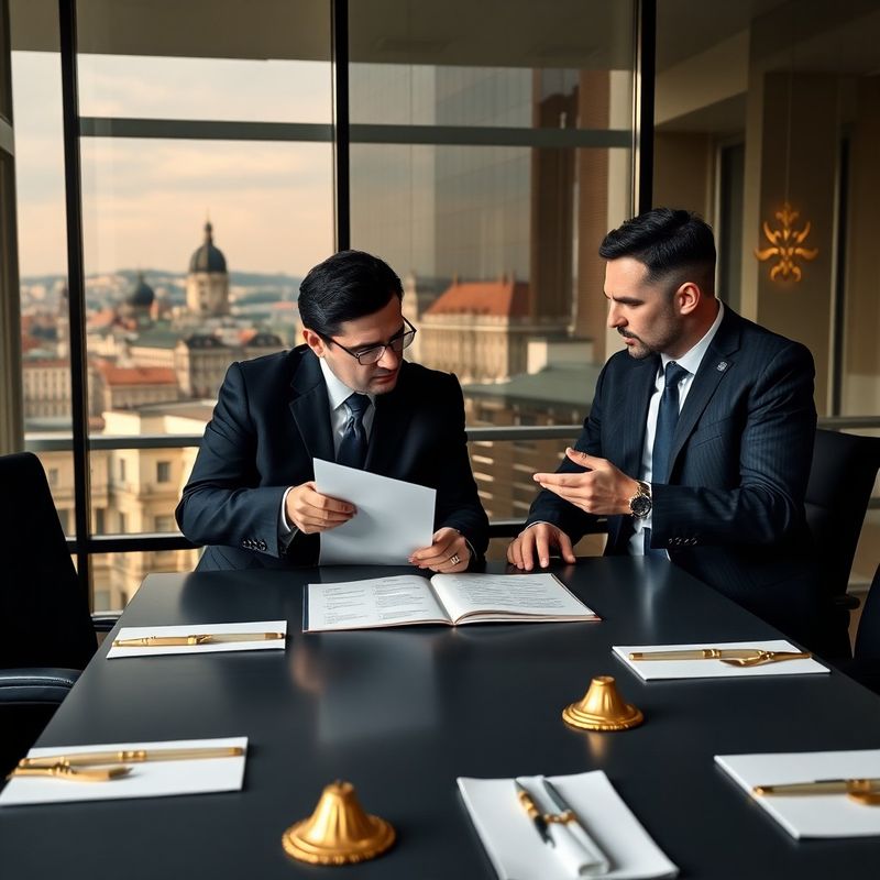 Two professionals reviewing a briefing document in a charcoal conference room