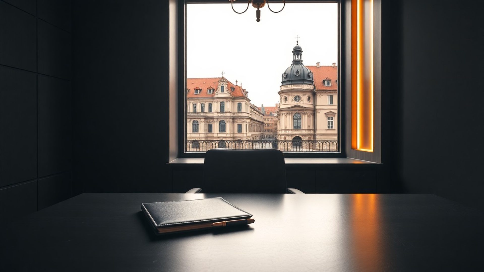 Bratislava advisory office with charcoal interior and warm gold lighting